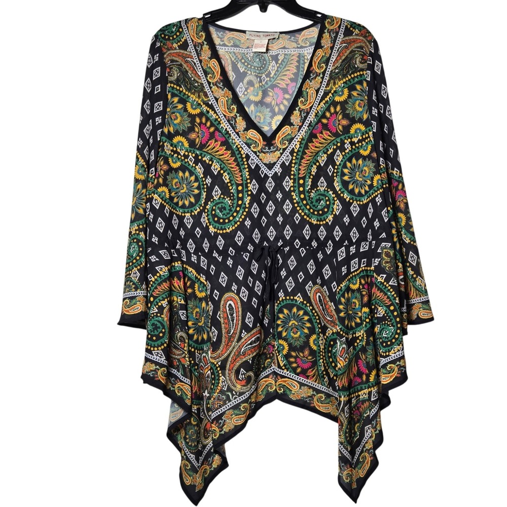 Flying Tomato Womens Paisley Asymmetric Tunic Top Large Boho Sheer Hippie Flowy